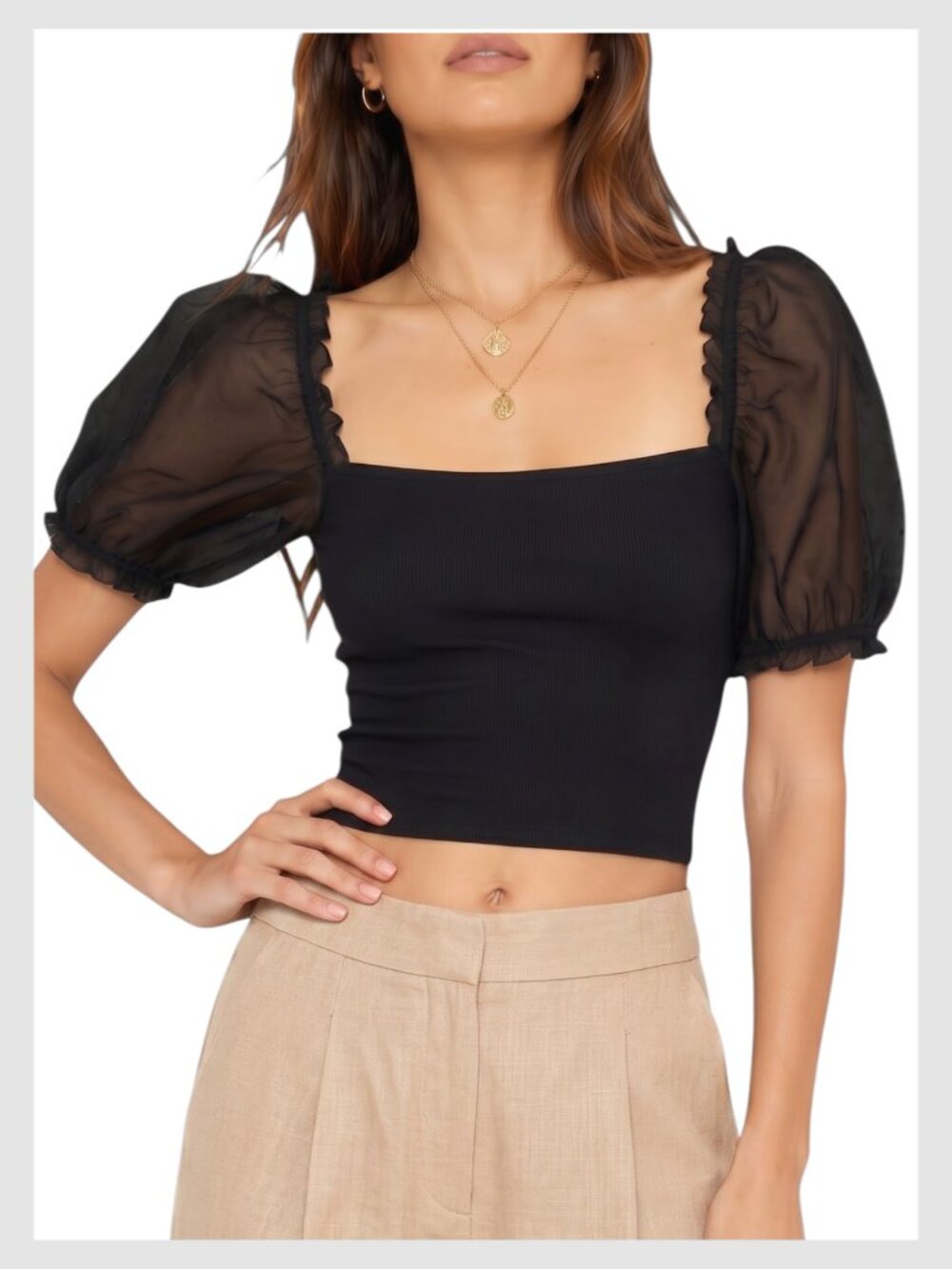 Aritzia Wilfred Black Puff Sleeve Square Neck Crop Top Size S
